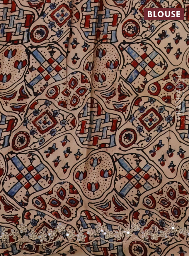 Satin crepe silk saree blue and beige with mirror work and ajrakh printed blouse