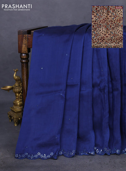 Satin crepe silk saree blue and beige with mirror work and ajrakh printed blouse