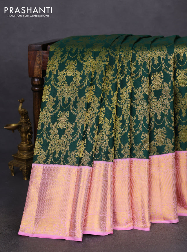 Pure kanchipuram silk saree green and light pink with allover zari woven brocade weaves and zari woven border