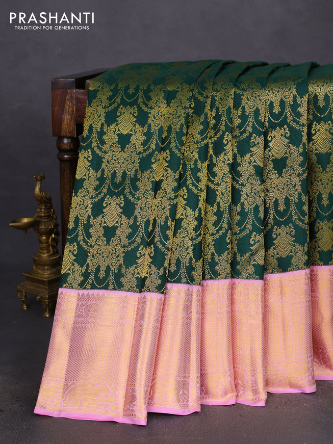 Pure kanchipuram silk saree green and light pink with allover zari woven brocade weaves and zari woven border