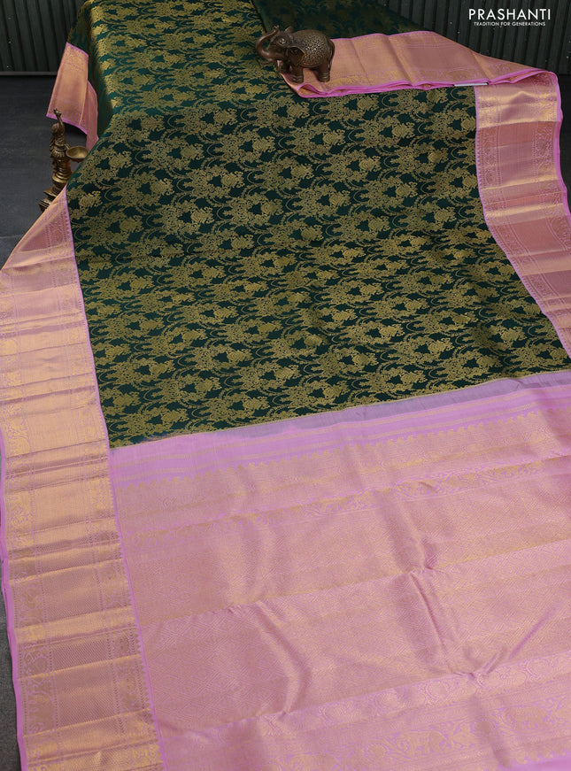 Pure kanchipuram silk saree green and light pink with allover zari woven brocade weaves and zari woven border