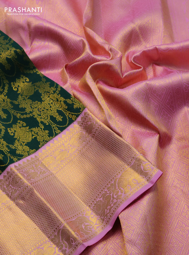 Pure kanchipuram silk saree green and light pink with allover zari woven brocade weaves and zari woven border