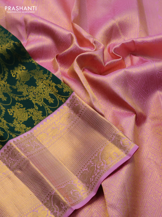 Pure kanchipuram silk saree green and light pink with allover zari woven brocade weaves and zari woven border