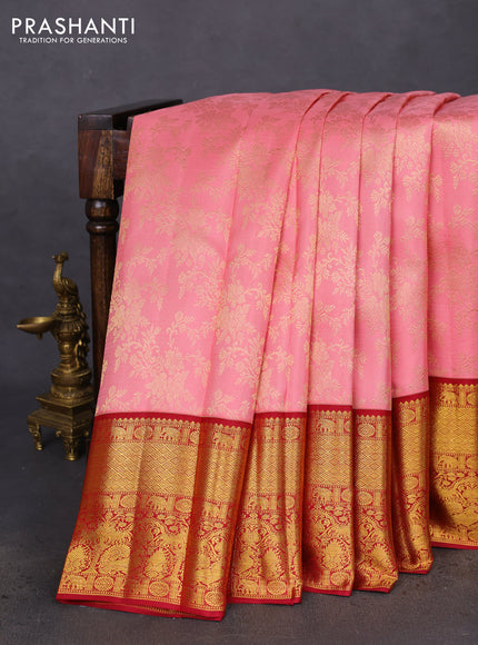 Pure kanchipuram silk saree peach pink and maroon with allover zari woven brocade weaves and zari woven border