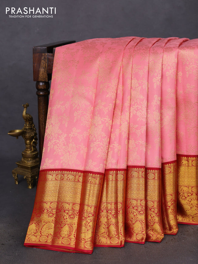 Pure kanchipuram silk saree peach pink and maroon with allover zari woven brocade weaves and zari woven border