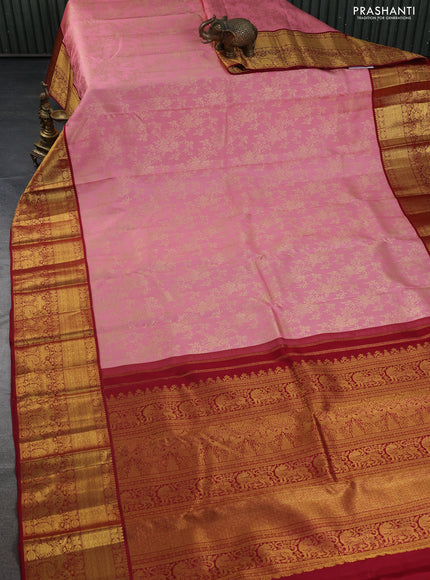 Pure kanchipuram silk saree peach pink and maroon with allover zari woven brocade weaves and zari woven border
