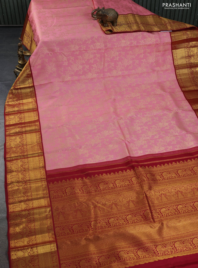 Pure kanchipuram silk saree peach pink and maroon with allover zari woven brocade weaves and zari woven border
