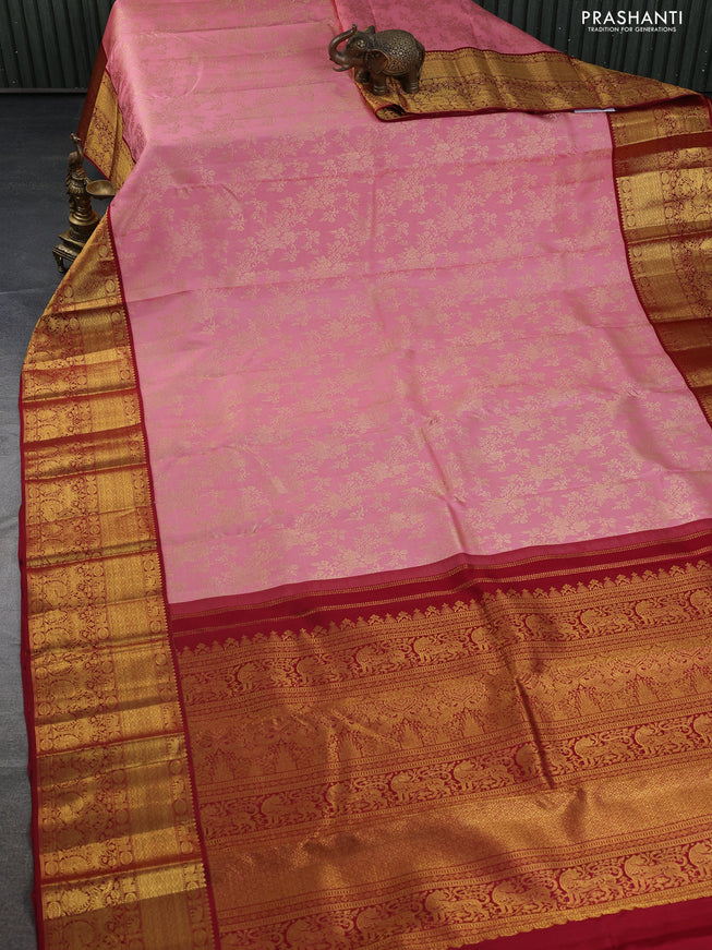 Pure kanchipuram silk saree peach pink and maroon with allover zari woven brocade weaves and zari woven border