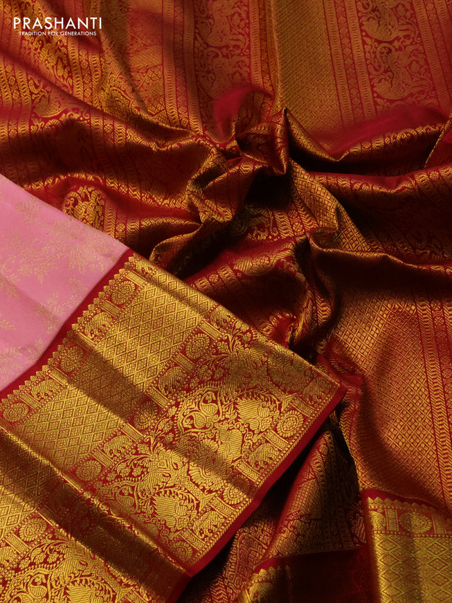 Pure kanchipuram silk saree peach pink and maroon with allover zari woven brocade weaves and zari woven border