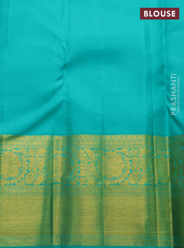Pure kanchipuram silk saree sandal and teal green with allover zari woven brocade weaves and zari woven border