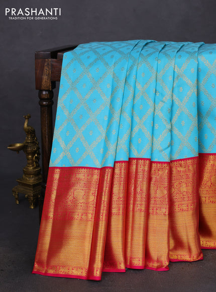 Pure kanchipuram silk saree light blue and pink with allover zari woven brocade weaves and long rich zari woven border