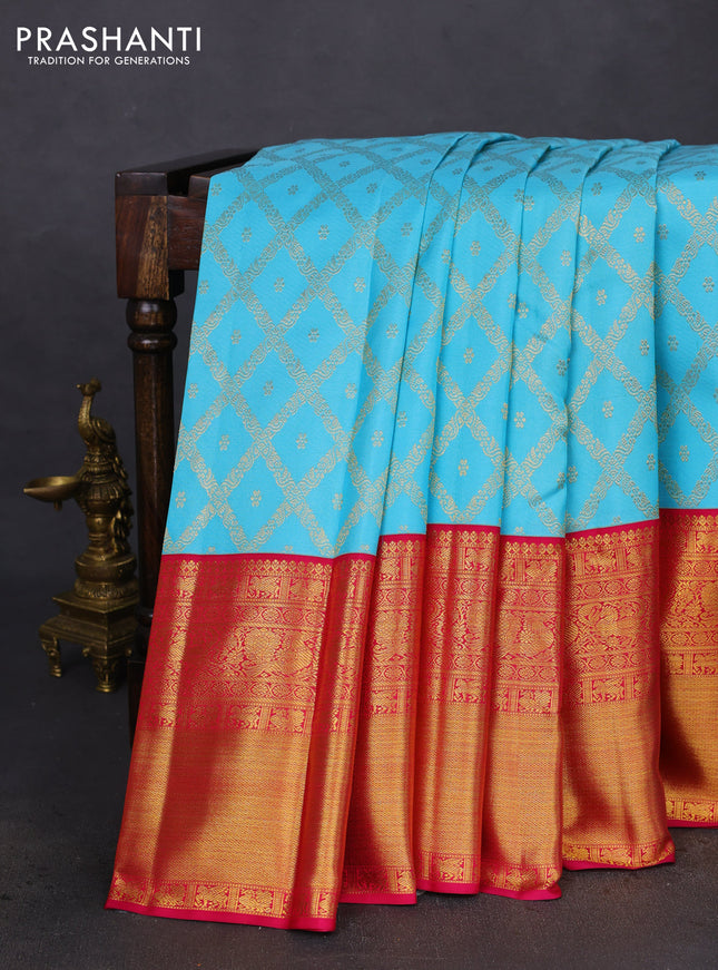 Pure kanchipuram silk saree light blue and pink with allover zari woven brocade weaves and long rich zari woven border