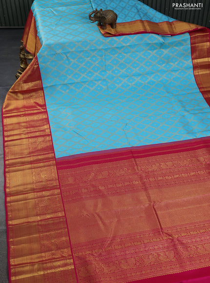 Pure kanchipuram silk saree light blue and pink with allover zari woven brocade weaves and long rich zari woven border