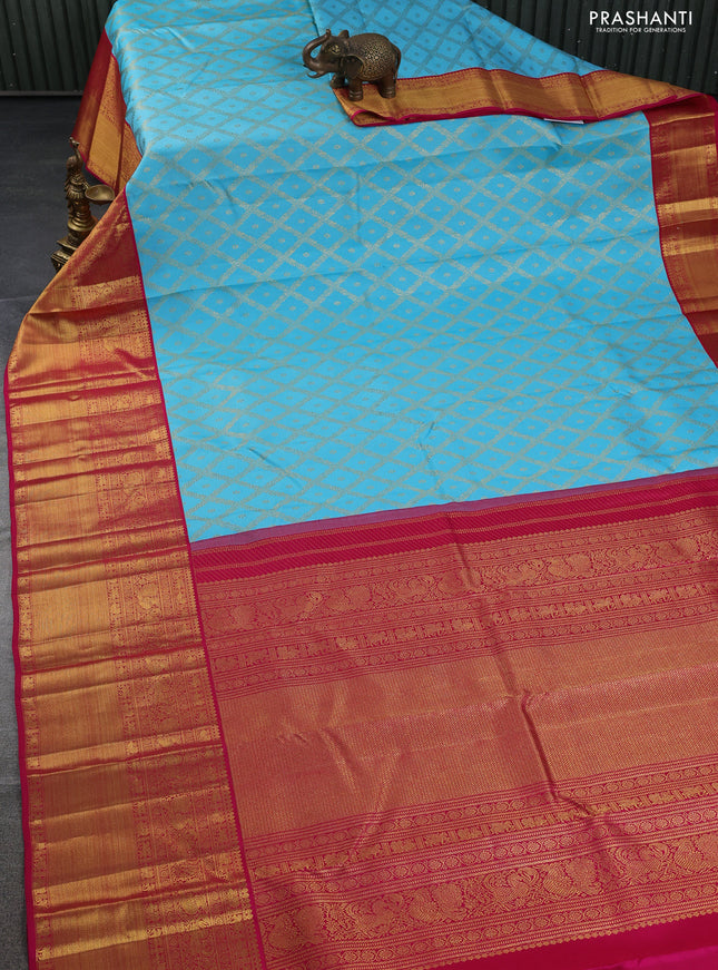 Pure kanchipuram silk saree light blue and pink with allover zari woven brocade weaves and long rich zari woven border