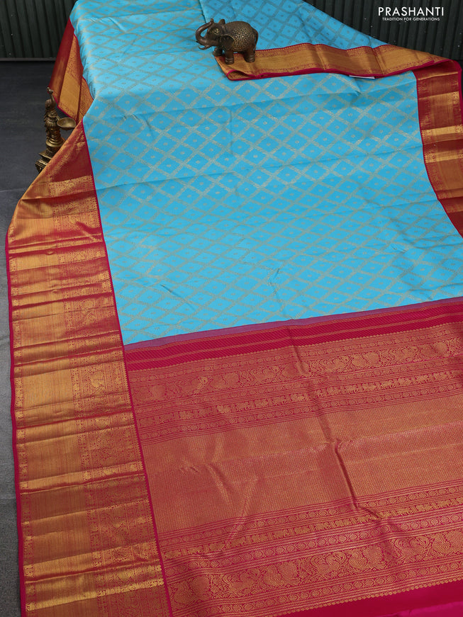 Pure kanchipuram silk saree light blue and pink with allover zari woven brocade weaves and long rich zari woven border