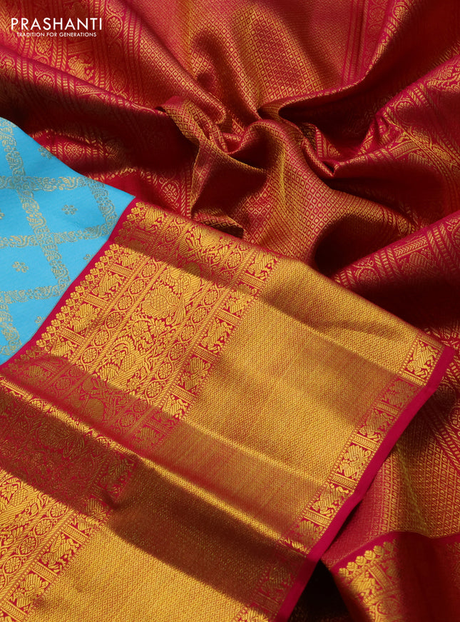 Pure kanchipuram silk saree light blue and pink with allover zari woven brocade weaves and long rich zari woven border