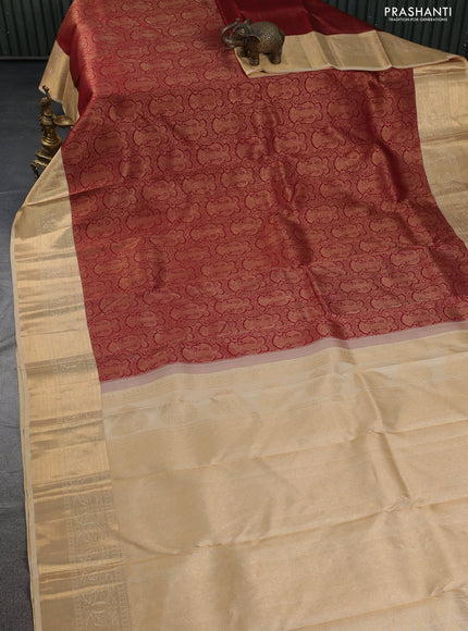 Pure kanchipuram silk saree maroon and sandal with allover zari woven brocade weaves and zari woven border