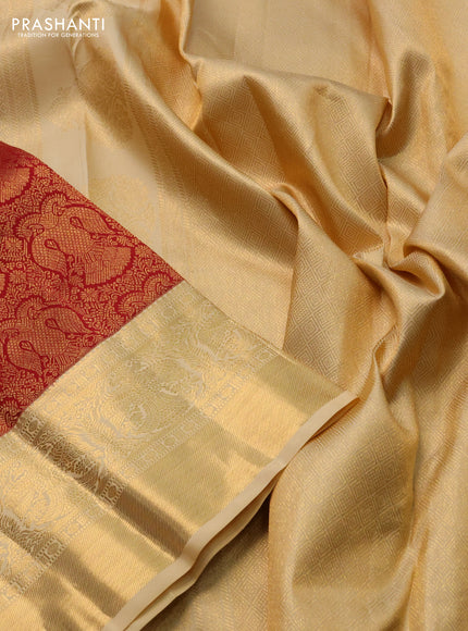 Pure kanchipuram silk saree maroon and sandal with allover zari woven brocade weaves and zari woven border