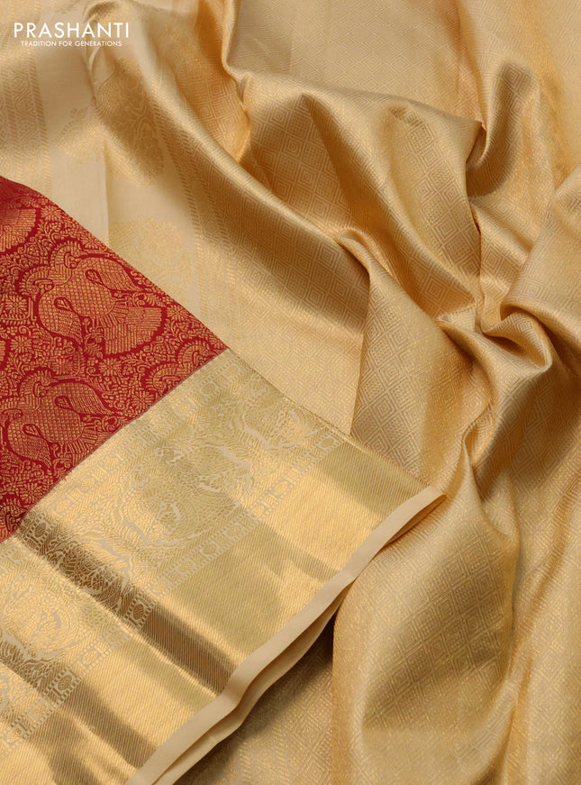 Pure kanchipuram silk saree maroon and sandal with allover zari woven brocade weaves and zari woven border