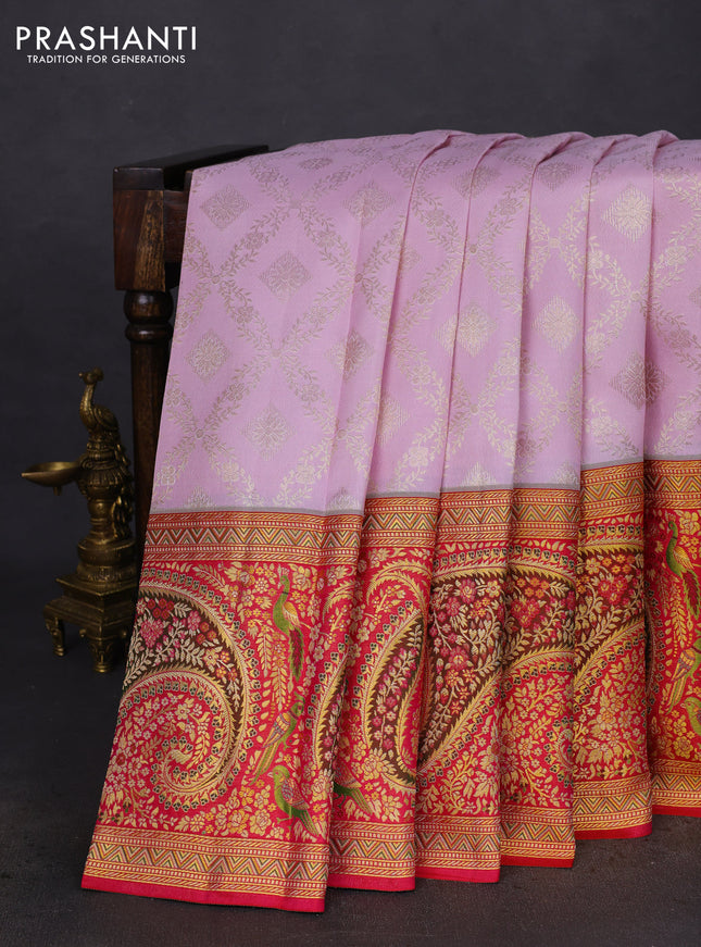 Pure kanchipuram silk saree pastel pink and pink with allover zari woven brocade weaves and long rich zari woven border