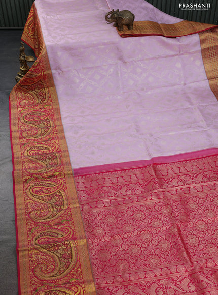 Pure kanchipuram silk saree pastel pink and pink with allover zari woven brocade weaves and long rich zari woven border