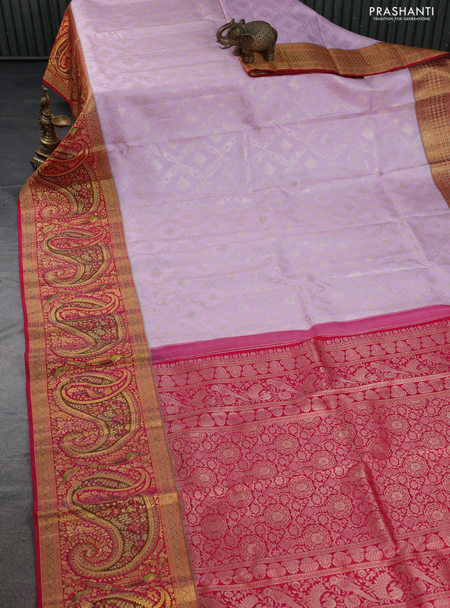 Pure kanchipuram silk saree pastel pink and pink with allover zari woven brocade weaves and long rich zari woven border