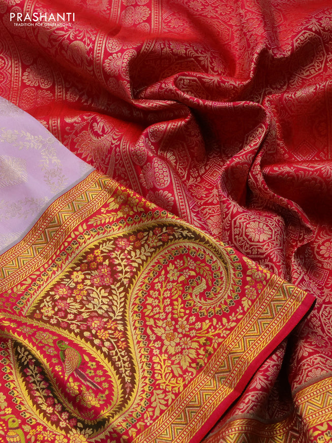Pure kanchipuram silk saree pastel pink and pink with allover zari woven brocade weaves and long rich zari woven border