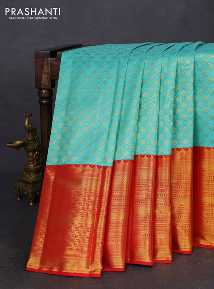 Pure kanchipuram silk saree teal blue and red with allover zari woven brocade weaves and long rich zari woven border
