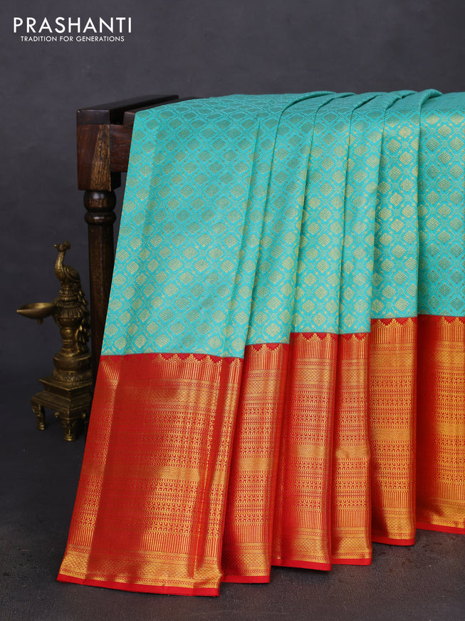 Pure kanchipuram silk saree teal blue and red with allover zari woven brocade weaves and long rich zari woven border