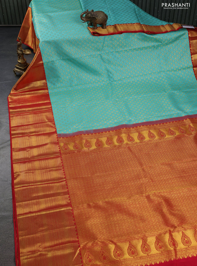 Pure kanchipuram silk saree teal blue and red with allover zari woven brocade weaves and long rich zari woven border
