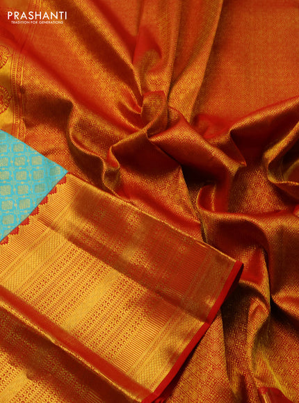 Pure kanchipuram silk saree teal blue and red with allover zari woven brocade weaves and long rich zari woven border