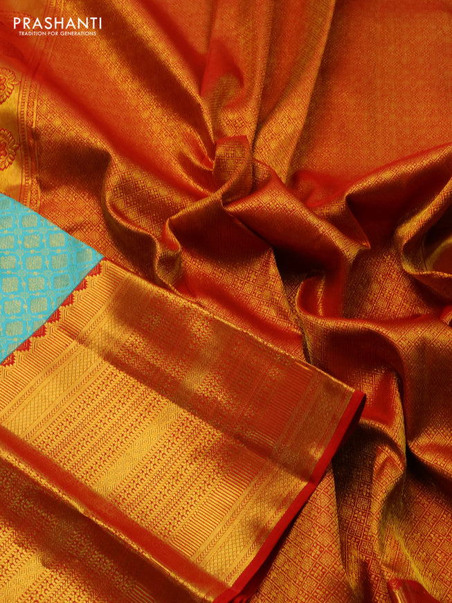 Pure kanchipuram silk saree teal blue and red with allover zari woven brocade weaves and long rich zari woven border