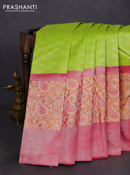Pure kanchipuram silk saree llight green and pink with allover silver zari woven buttas and long rich zari woven border