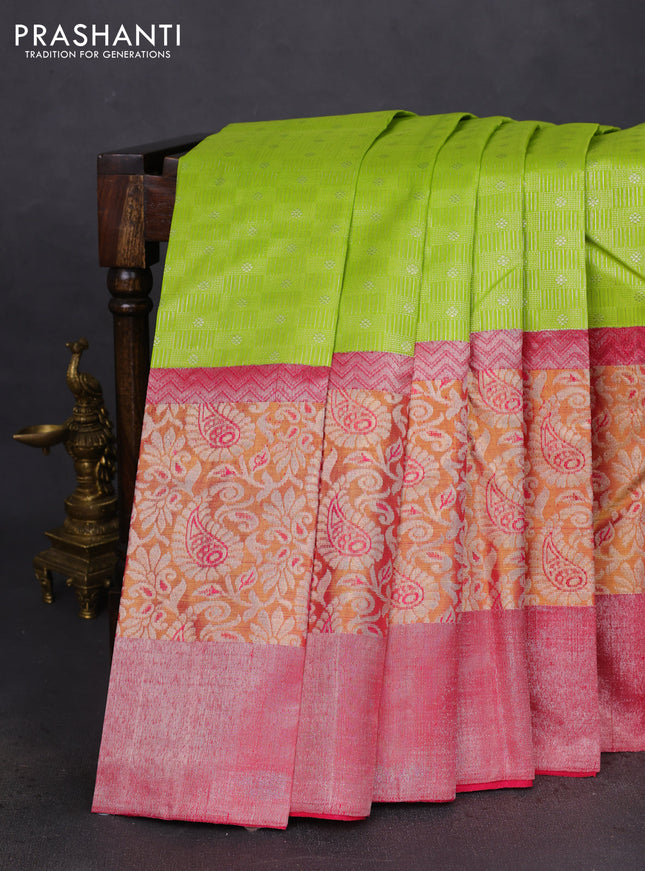 Pure kanchipuram silk saree llight green and pink with allover silver zari woven buttas and long rich zari woven border