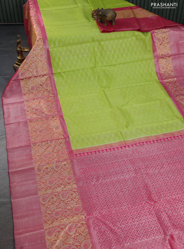 Pure kanchipuram silk saree llight green and pink with allover silver zari woven buttas and long rich zari woven border