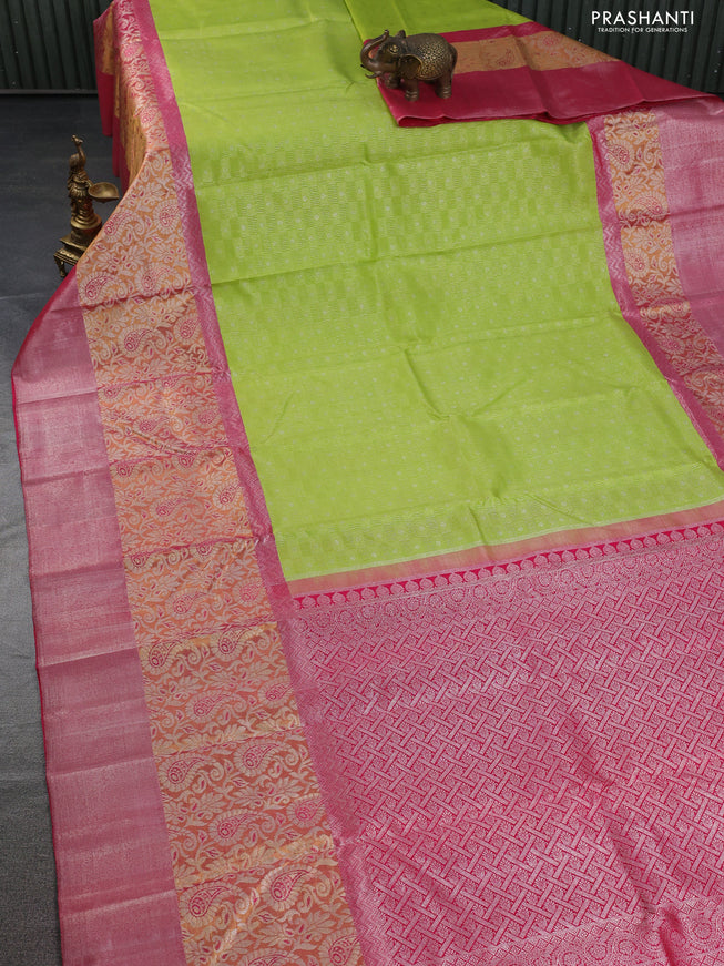Pure kanchipuram silk saree llight green and pink with allover silver zari woven buttas and long rich zari woven border