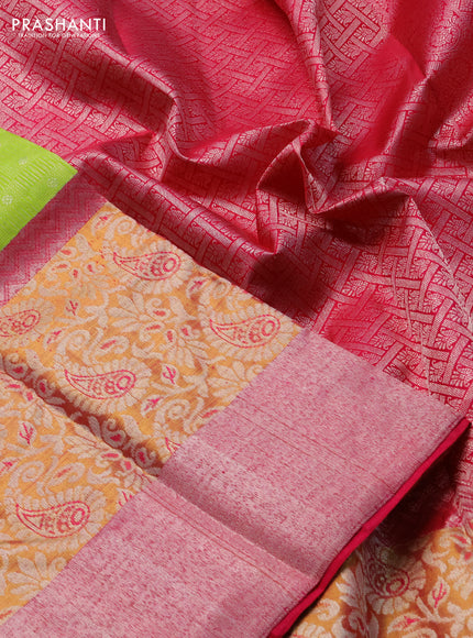 Pure kanchipuram silk saree llight green and pink with allover silver zari woven buttas and long rich zari woven border