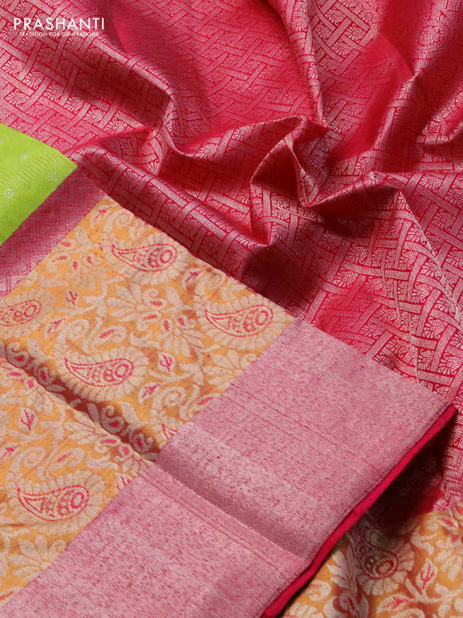 Pure kanchipuram silk saree llight green and pink with allover silver zari woven buttas and long rich zari woven border