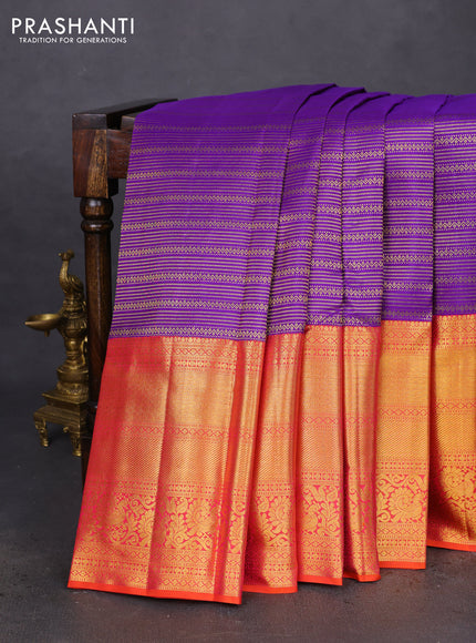 Pure kanchipuram silk saree violet and orange with allover zari woven brocade weaves and long zari woven border