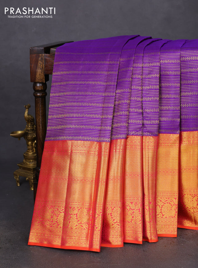 Pure kanchipuram silk saree violet and orange with allover zari woven brocade weaves and long zari woven border