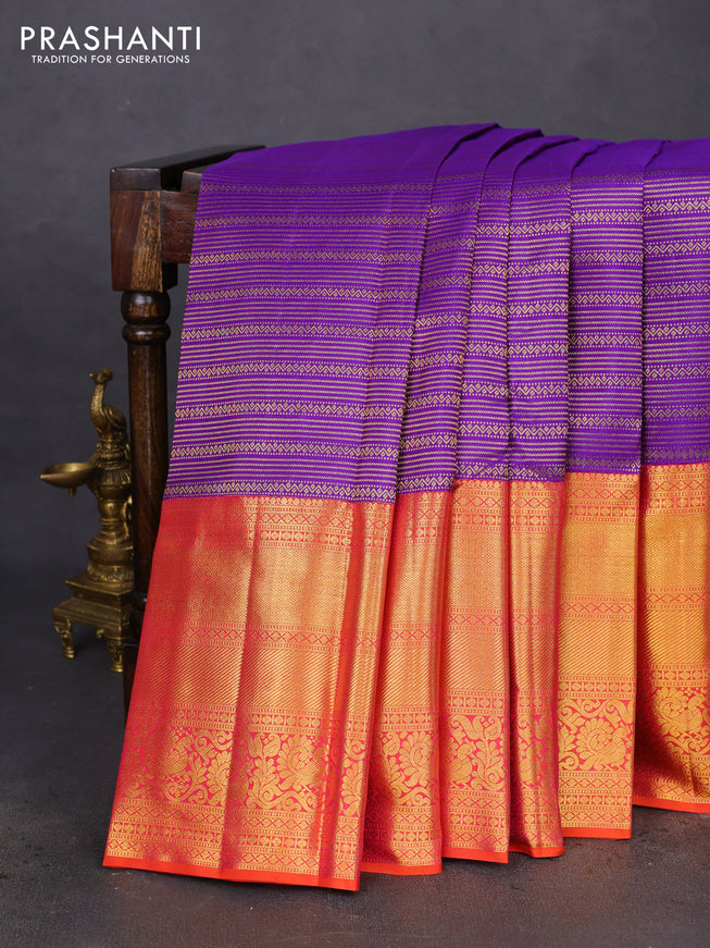 Pure kanchipuram silk saree violet and orange with allover zari woven brocade weaves and long zari woven border