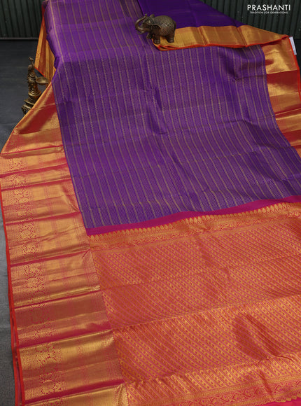 Pure kanchipuram silk saree violet and orange with allover zari woven brocade weaves and long zari woven border