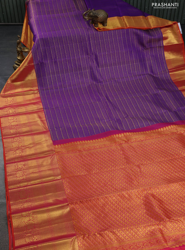 Pure kanchipuram silk saree violet and orange with allover zari woven brocade weaves and long zari woven border