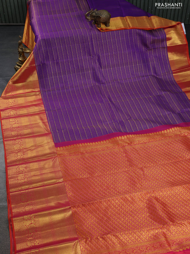 Pure kanchipuram silk saree violet and orange with allover zari woven brocade weaves and long zari woven border