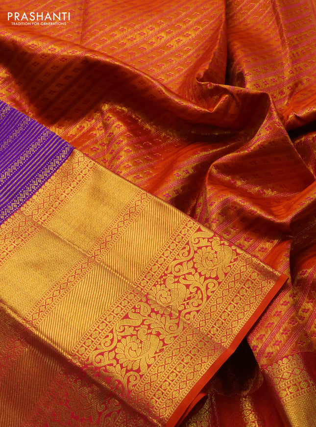 Pure kanchipuram silk saree violet and orange with allover zari woven brocade weaves and long zari woven border