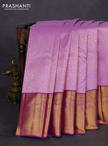Pure kanchipuram silk saree lavender and purple with allover zari woven brocade weaves and zari woven border