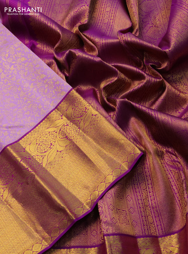 Pure kanchipuram silk saree lavender and purple with allover zari woven brocade weaves and zari woven border