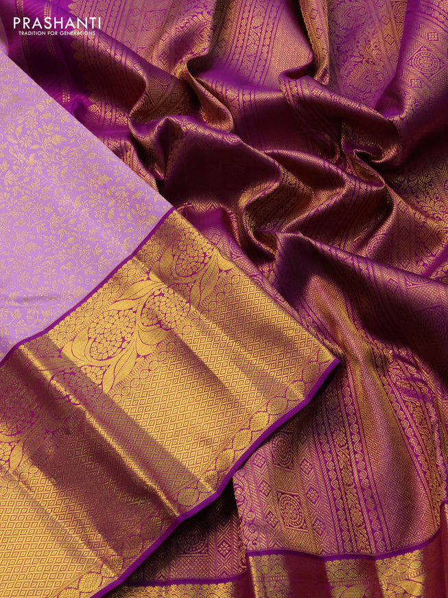 Pure kanchipuram silk saree lavender and purple with allover zari woven brocade weaves and zari woven border