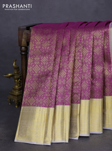 Pure kanchipuram silk saree purple and grey with allover zari woven brocade weaves and zari woven border