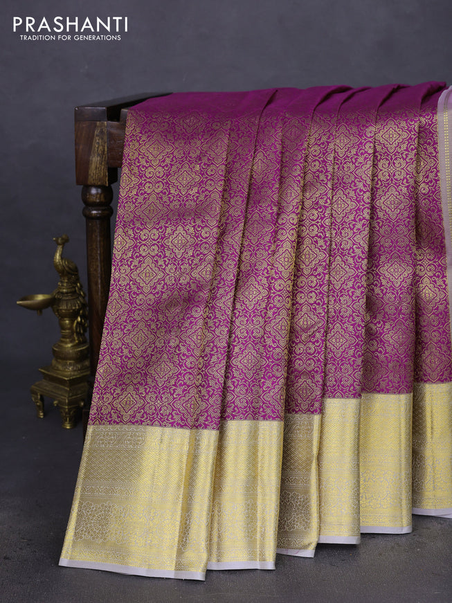 Pure kanchipuram silk saree purple and grey with allover zari woven brocade weaves and zari woven border